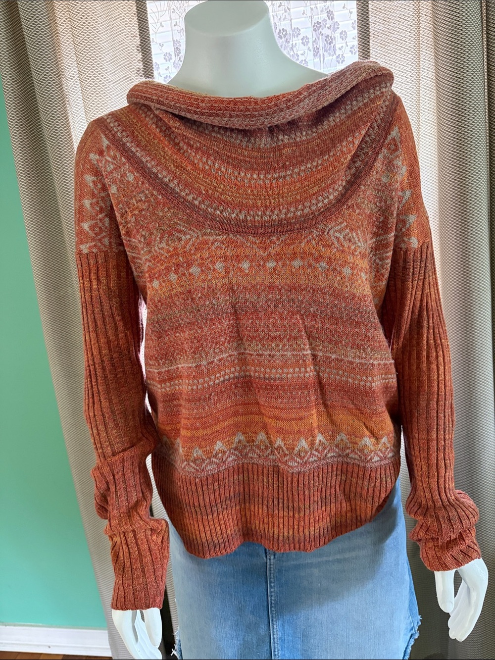 Free People Women’s Burnt Orange Patterned Cowl Neck Sweater